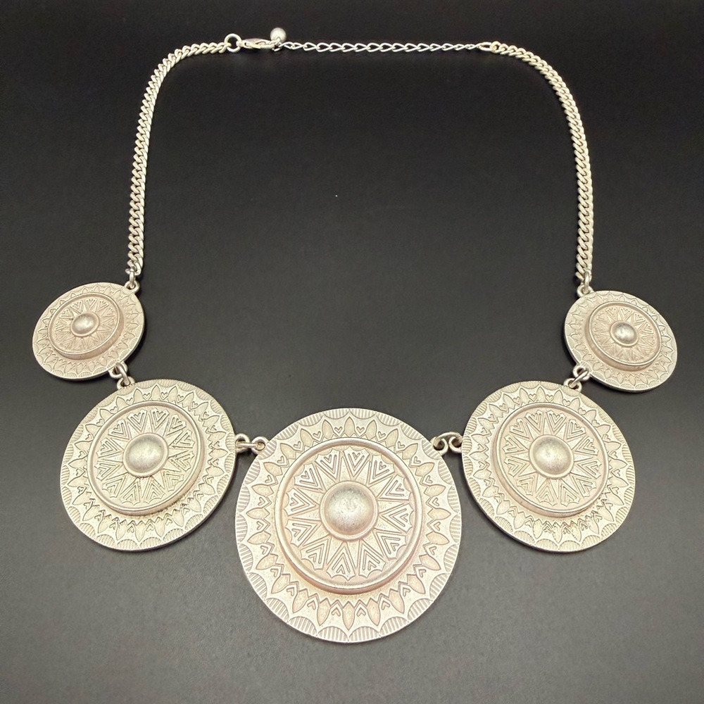 Sun Circles Bib Style Silver Tone Disc Statement Necklace